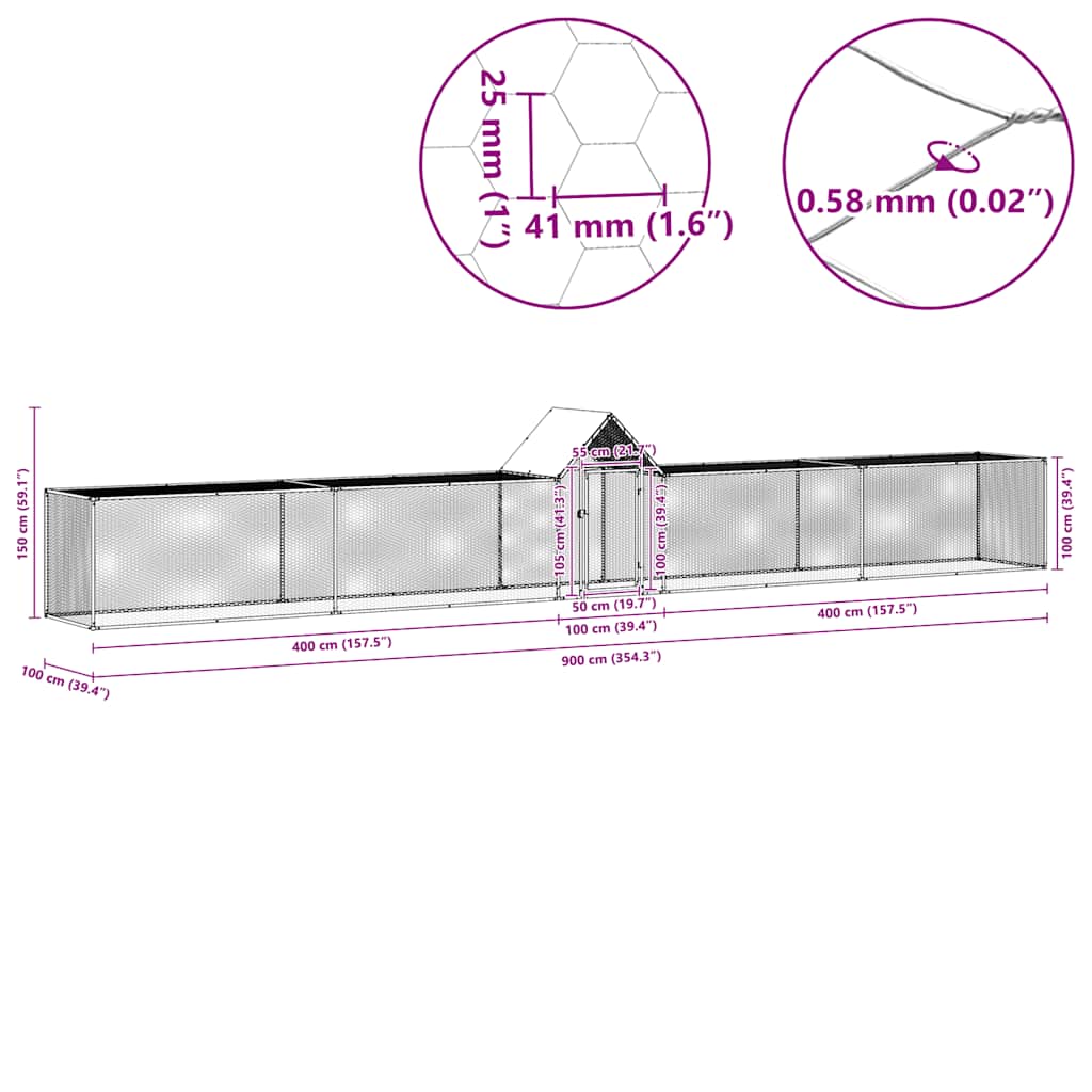 Klec pro kuřata 9 x 1 x 1,5 m pozinkovaná ocel