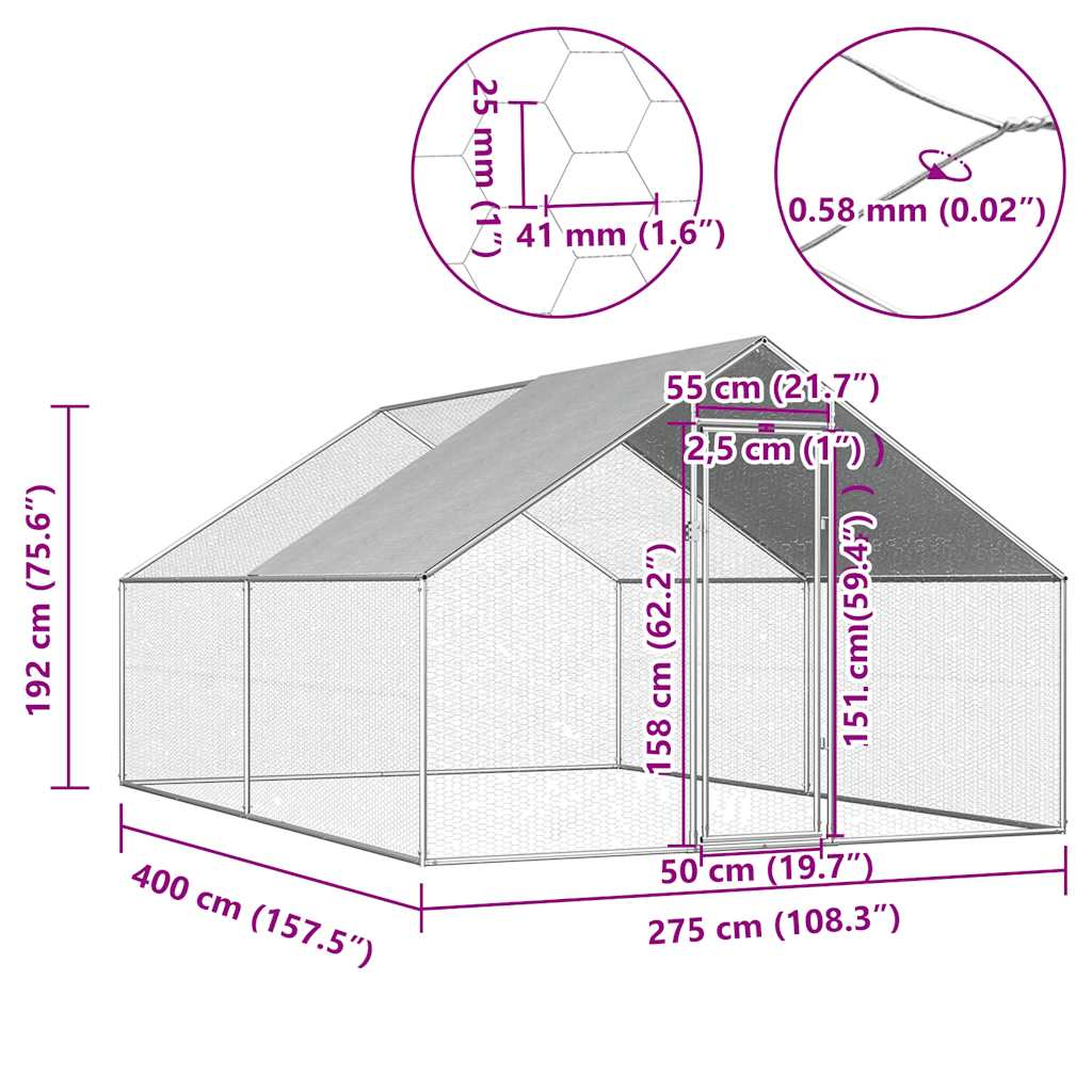 Venkovní klec pro kuřata 2,75 x 4 x 1,92 m pozinkovaná ocel