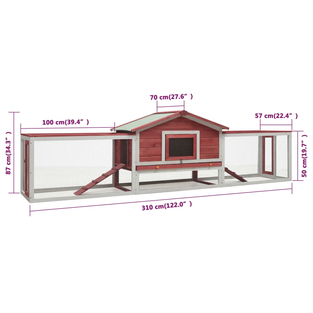 Králíkárna červená 310x70x87 cm masivní borové a jedlové dřevo