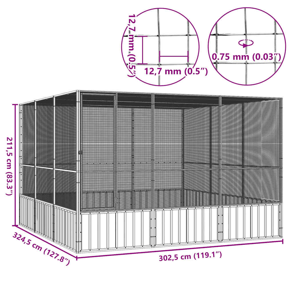 Ptačí klec antracitová 302,5x324,5x211,5 cm pozinkovaná ocel