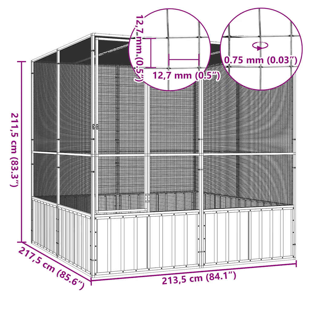 Ptačí klec šedá 213,5x217,5x211,5 cm pozinkovaná ocel