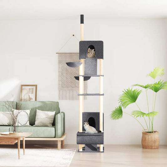 Kočičí strom ke stropu se sisalovými sloupky 48 × 91 × 277–303 cm, tmavě šedý