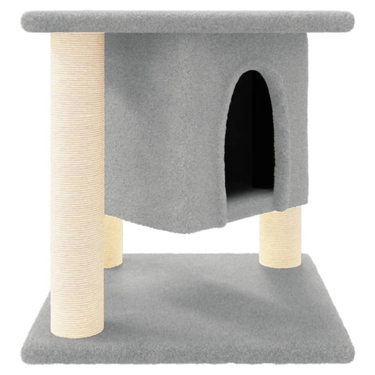 Kočičí strom s domečkem a sisalovými sloupky, světle šedý 35 × 35 × 37 cm