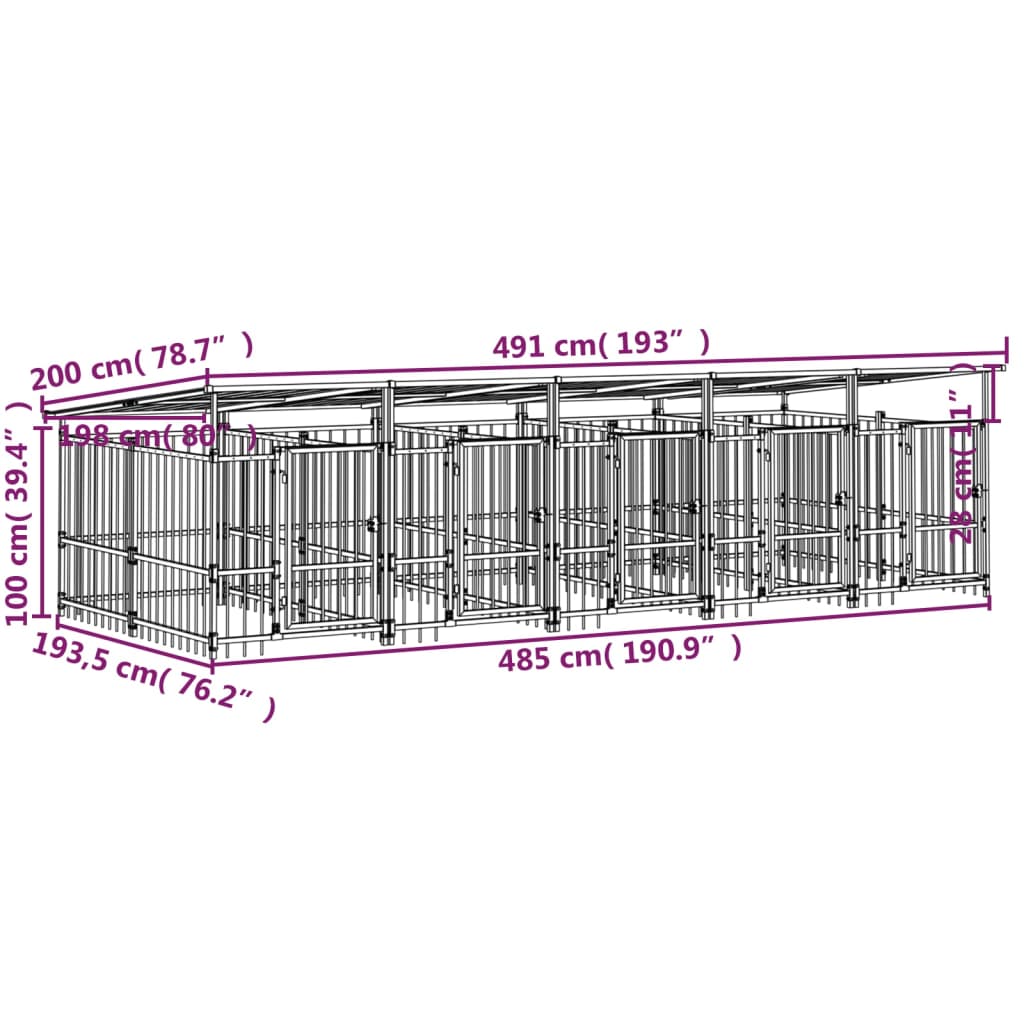 Venkovní psí kotec se střechou ocel 9,38 m²