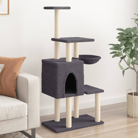 Kočičí strom s domečkem, košem a sisalovými sloupky, tmavě šedý 71,5 × 50 × 131 cm