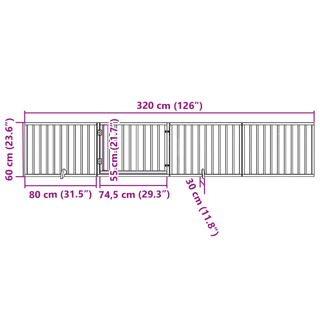 Psí branka s dvířky, skládací, 4 panely, 320 cm, topolové dřevo