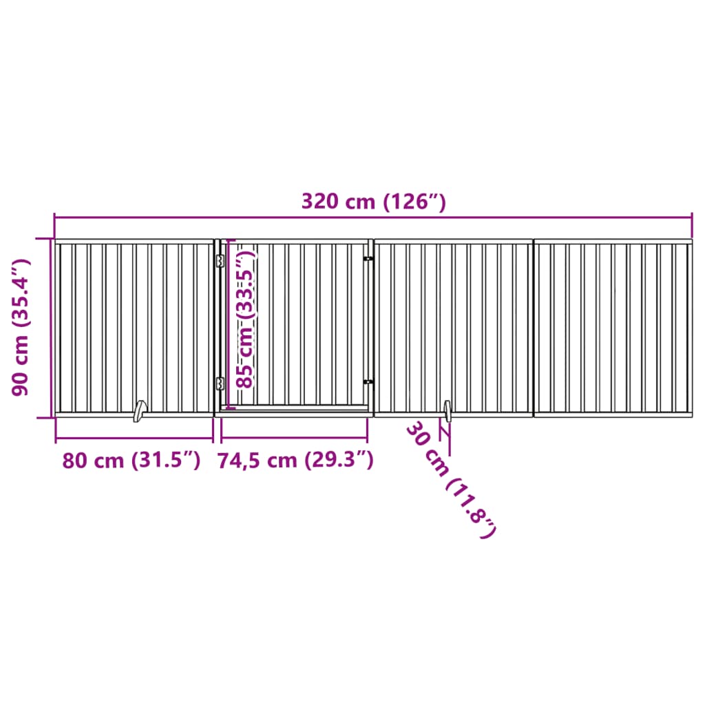 Psí branka s dvířky, skládací, 4 panely, bílá, 320 cm, topolové dřevo