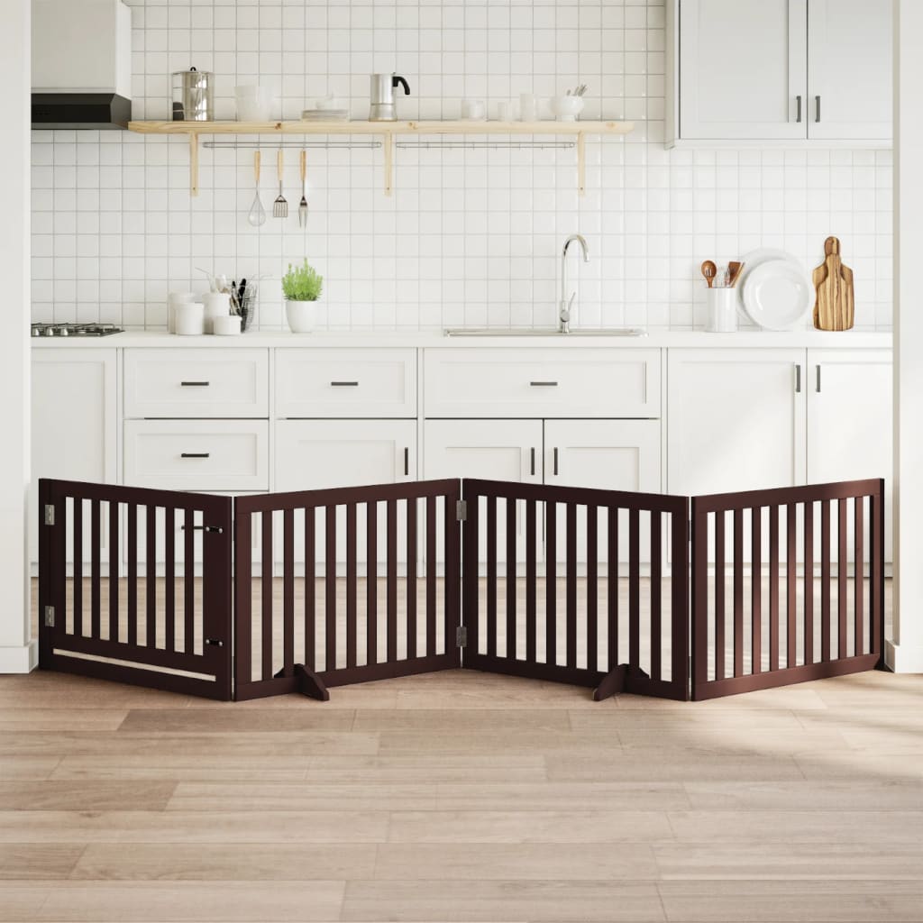 Zábrana pro psy s dvířky skládací 4 panely hnědá 320 cm topol