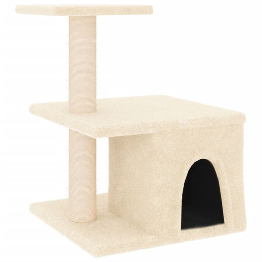 Kočičí strom s domečkem a sisalovými sloupky, krémový 42 × 34,5 × 48 cm