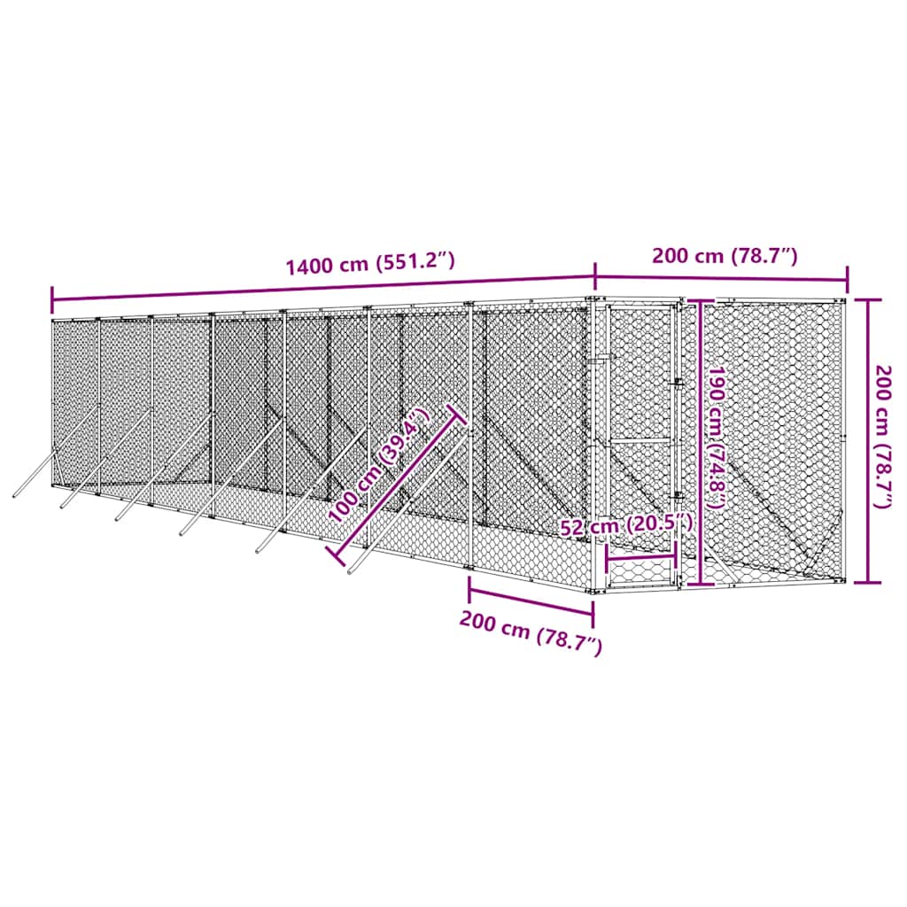 Venkovní psí kotec stříbrný 2 x 14 x 2 m pozinkovaná ocel