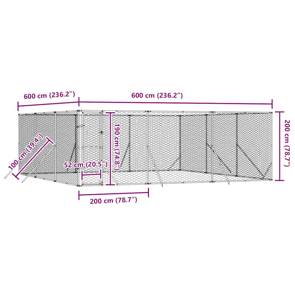 Venkovní psí kotec stříbrný 6 x 6 x 2 m pozinkovaná ocel
