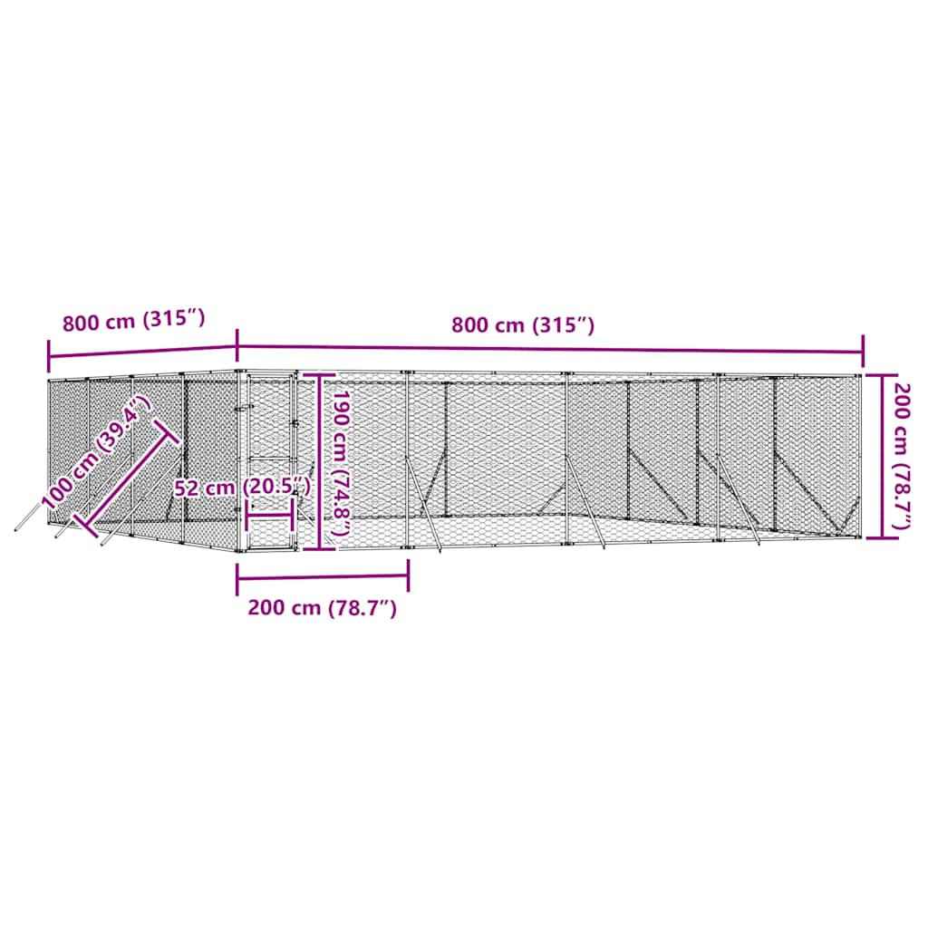 Venkovní psí kotec stříbrný 8 x 8 x 2 m pozinkovaná ocel