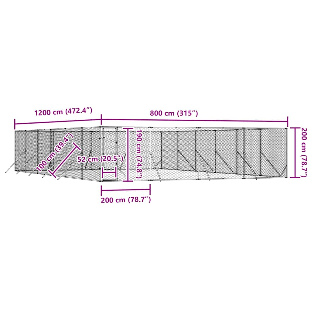 Venkovní psí kotec stříbrný 8 x 12 x 2 m pozinkovaná ocel