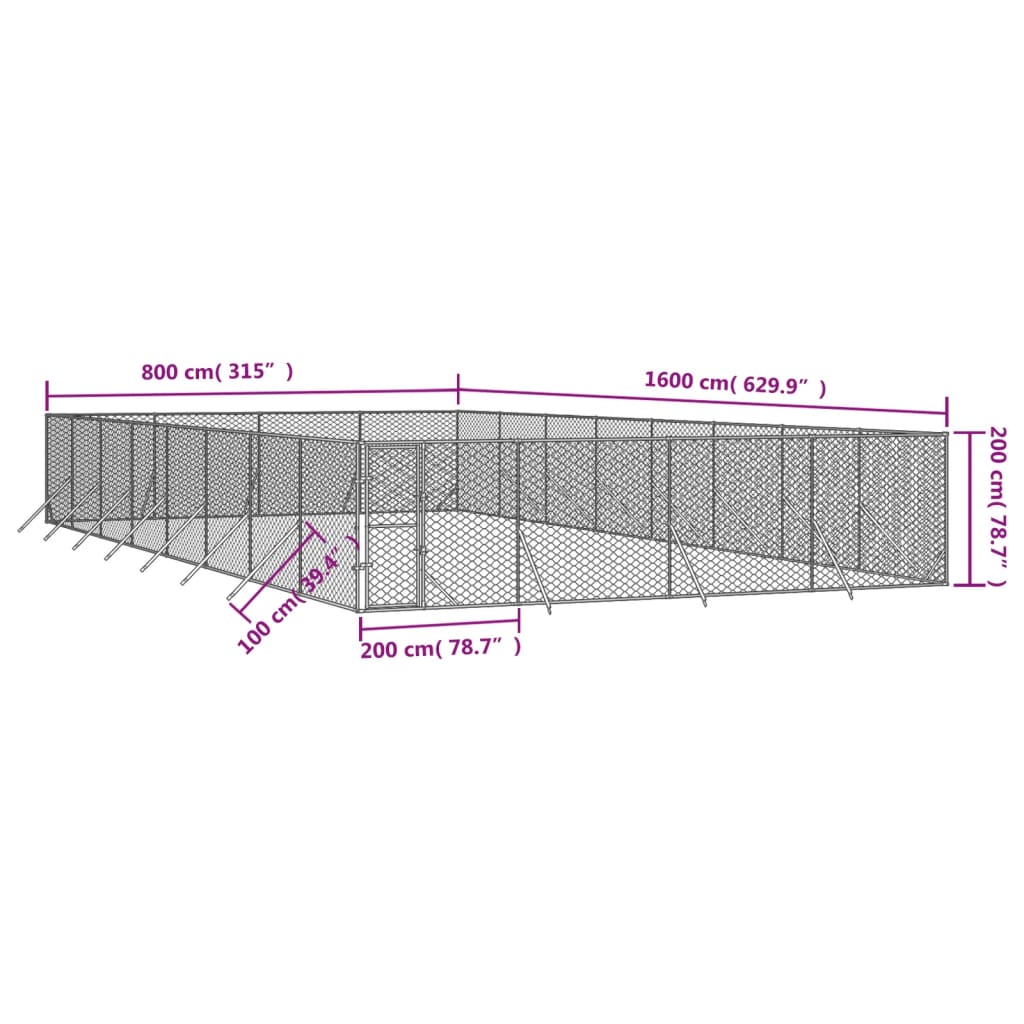 Venkovní psí kotec stříbrný 8 x 16 x 2 m pozinkovaná ocel