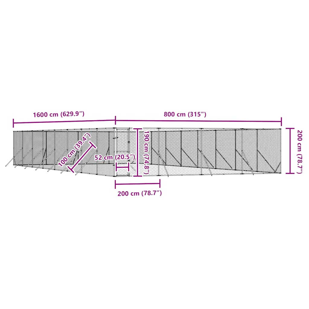 Venkovní psí kotec stříbrný 8 x 16 x 2 m pozinkovaná ocel