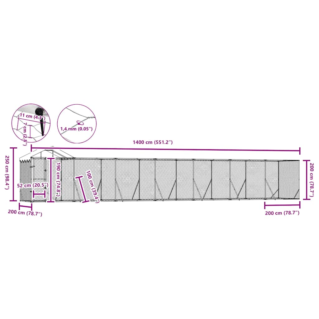 Venkovní psí kotec se střechou stříbrný 14 x 2 x 2,5 m ocel
