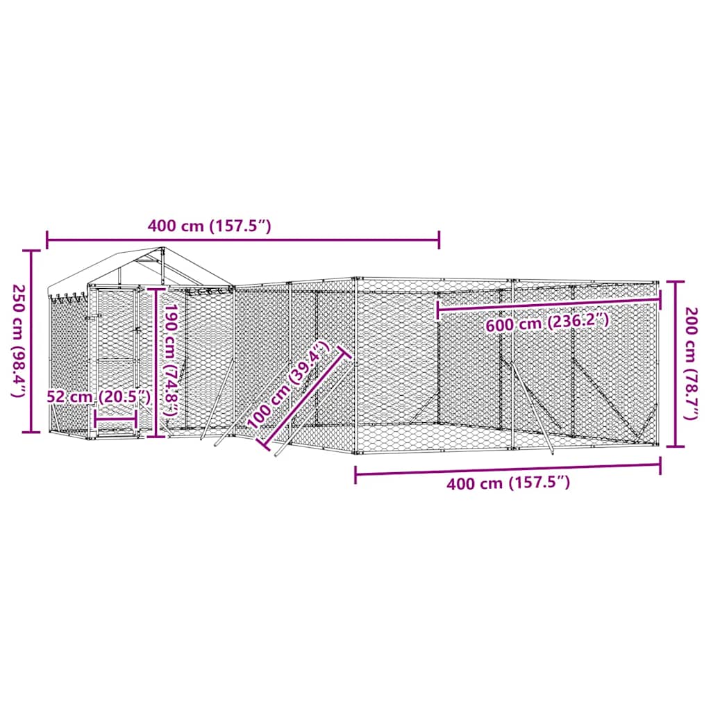 Venkovní psí kotec se střechou stříbrný 6 x 6 x 2,5 m ocel