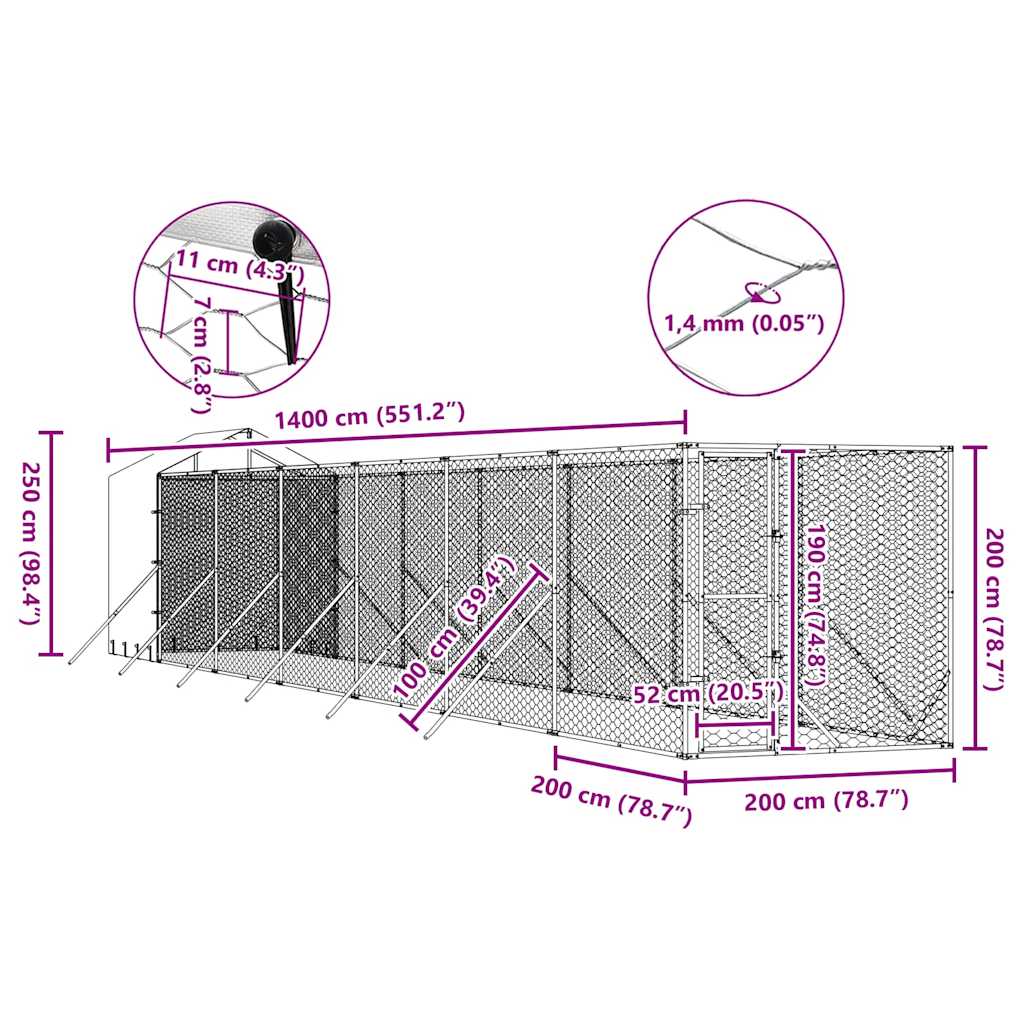Venkovní psí kotec se střechou stříbrný 2 x 14 x 2,5 m ocel