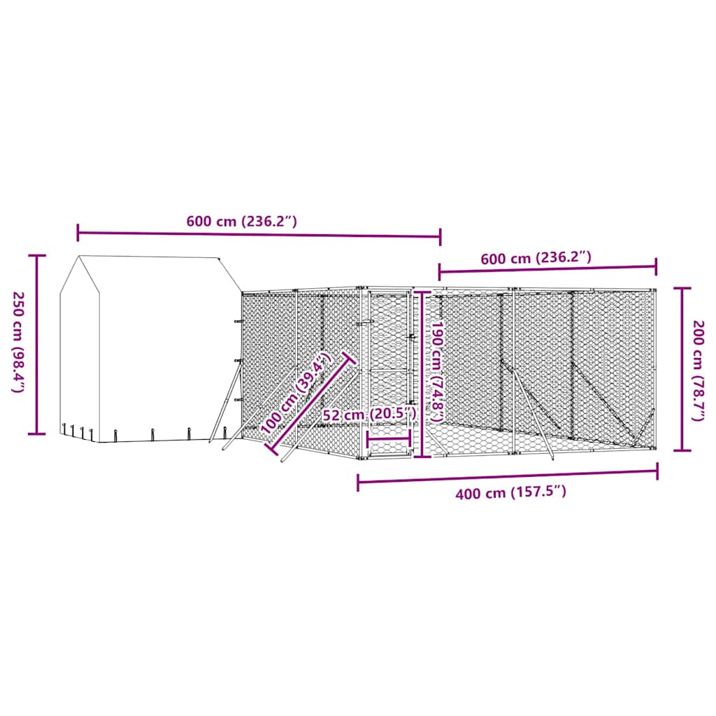 Venkovní psí kotec se střechou stříbrný 6 x 6 x 2,5 m ocel