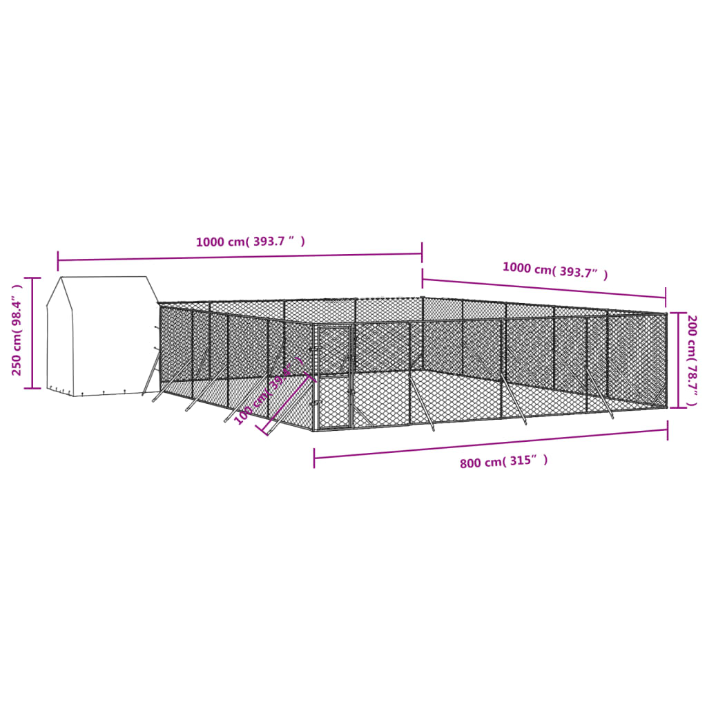 Venkovní psí kotec se střechou stříbrný 10 x 10 x 2,5 m ocel