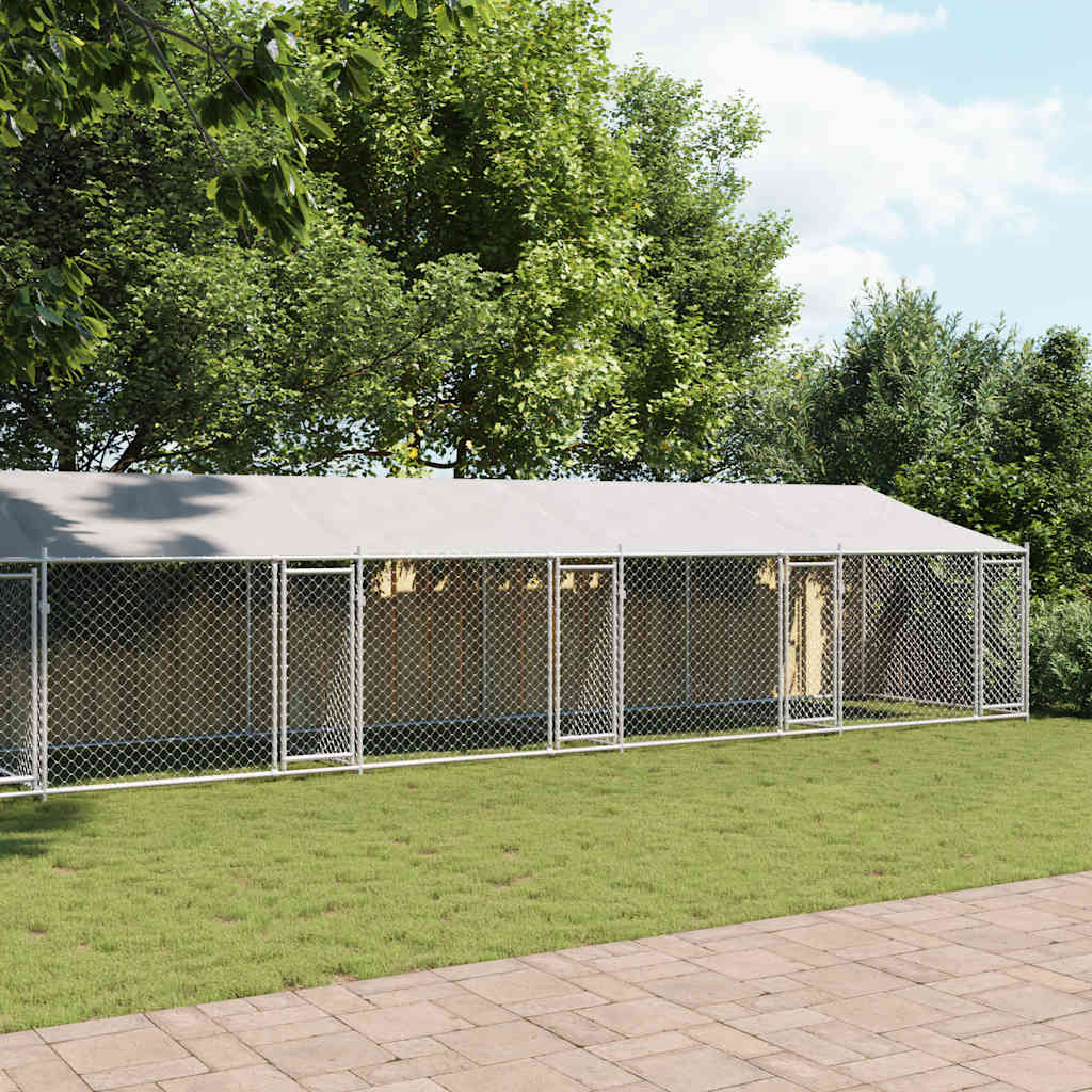 Klec pro psy se střechou a dvířky šedá 10x2x2m pozinkovaná ocel