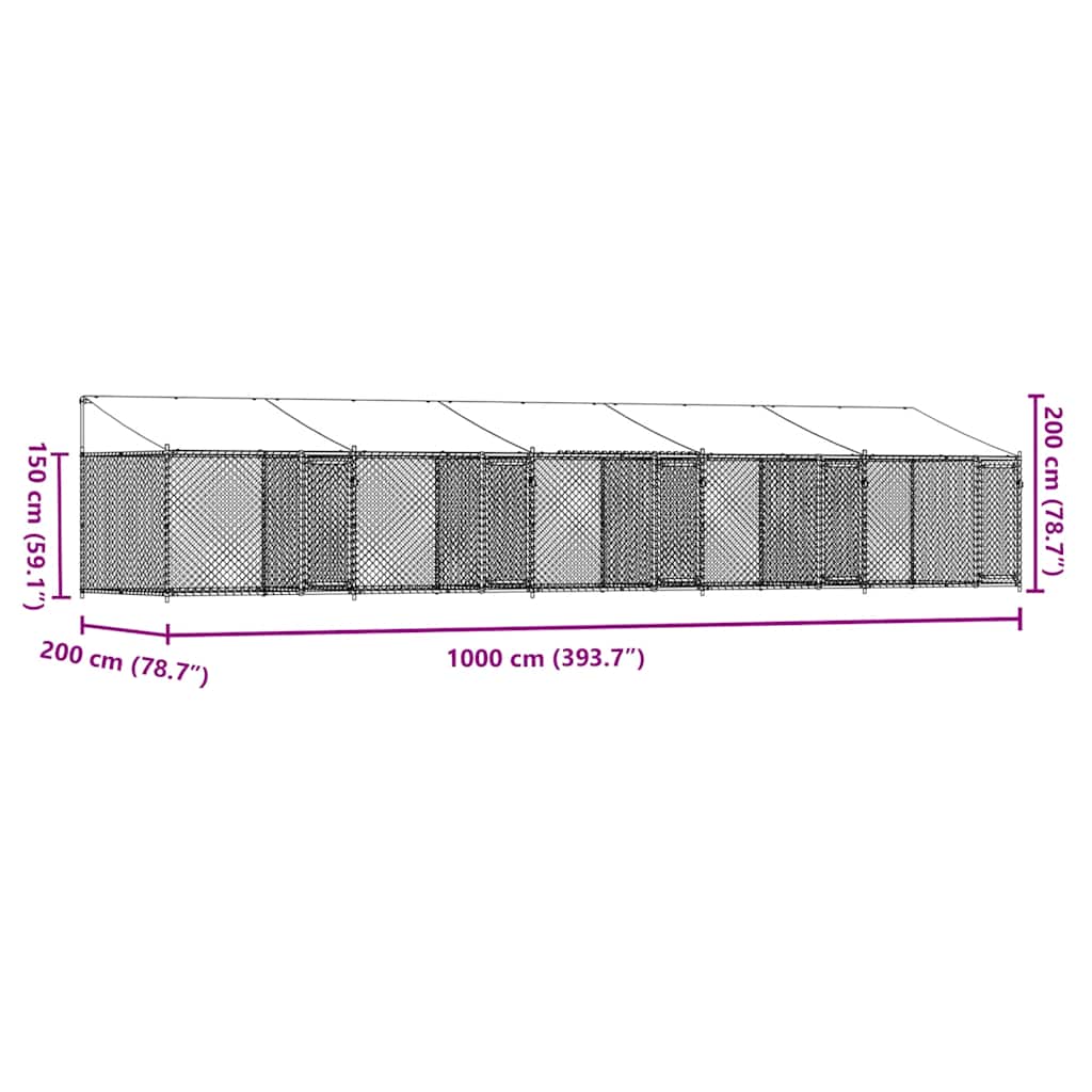 Klec pro psy se střechou a dvířky šedá 10x2x2m pozinkovaná ocel