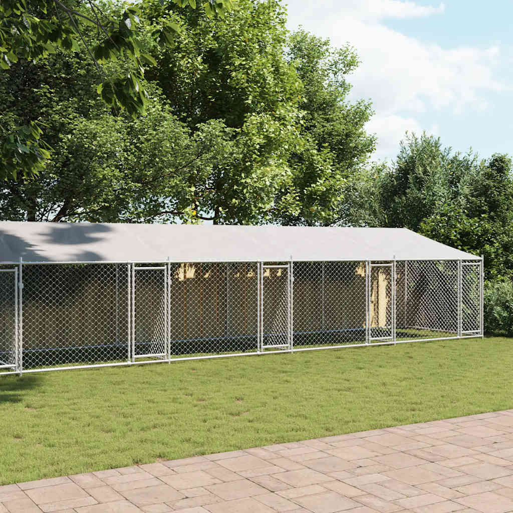 Klec pro psy se střechou a dvířky šedá 12x2x2m pozinkovaná ocel