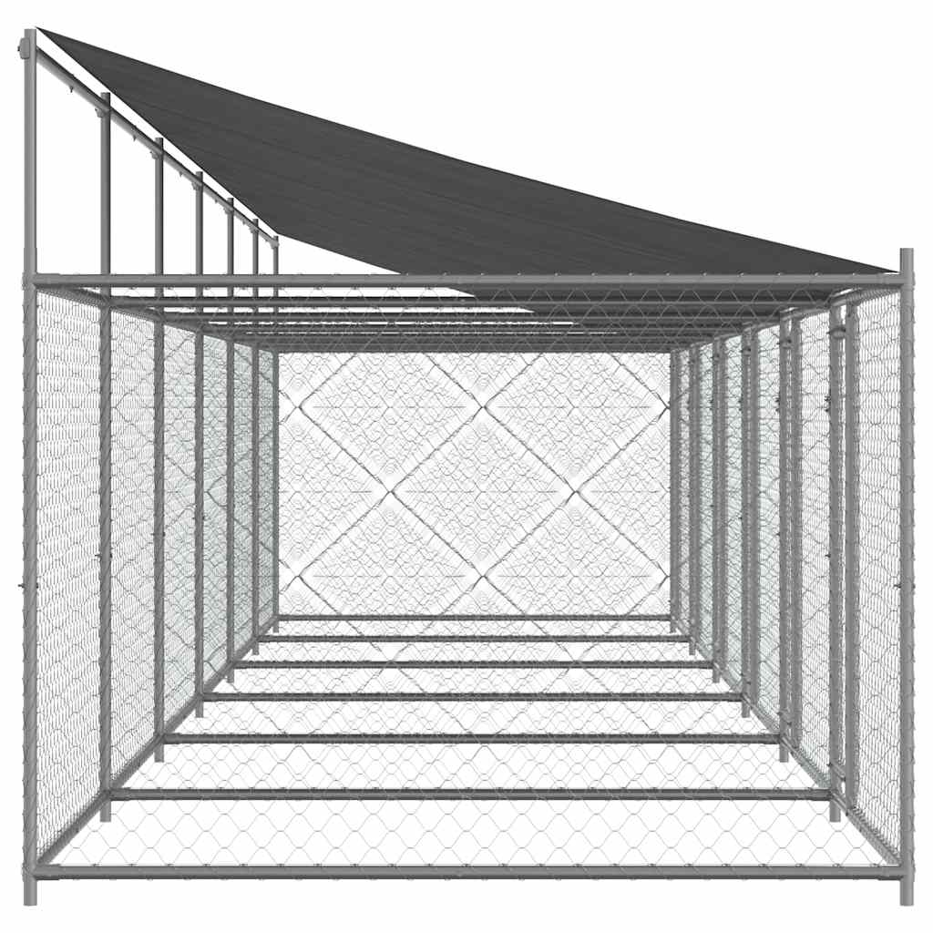 Klec pro psy se střechou a dvířky šedá 12x2x2m pozinkovaná ocel