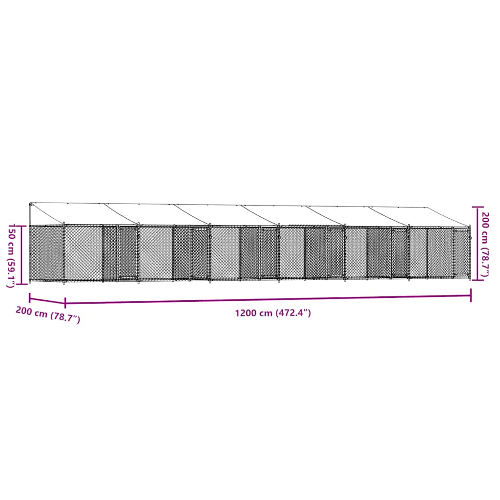 Klec pro psy se střechou a dvířky šedá 12x2x2m pozinkovaná ocel