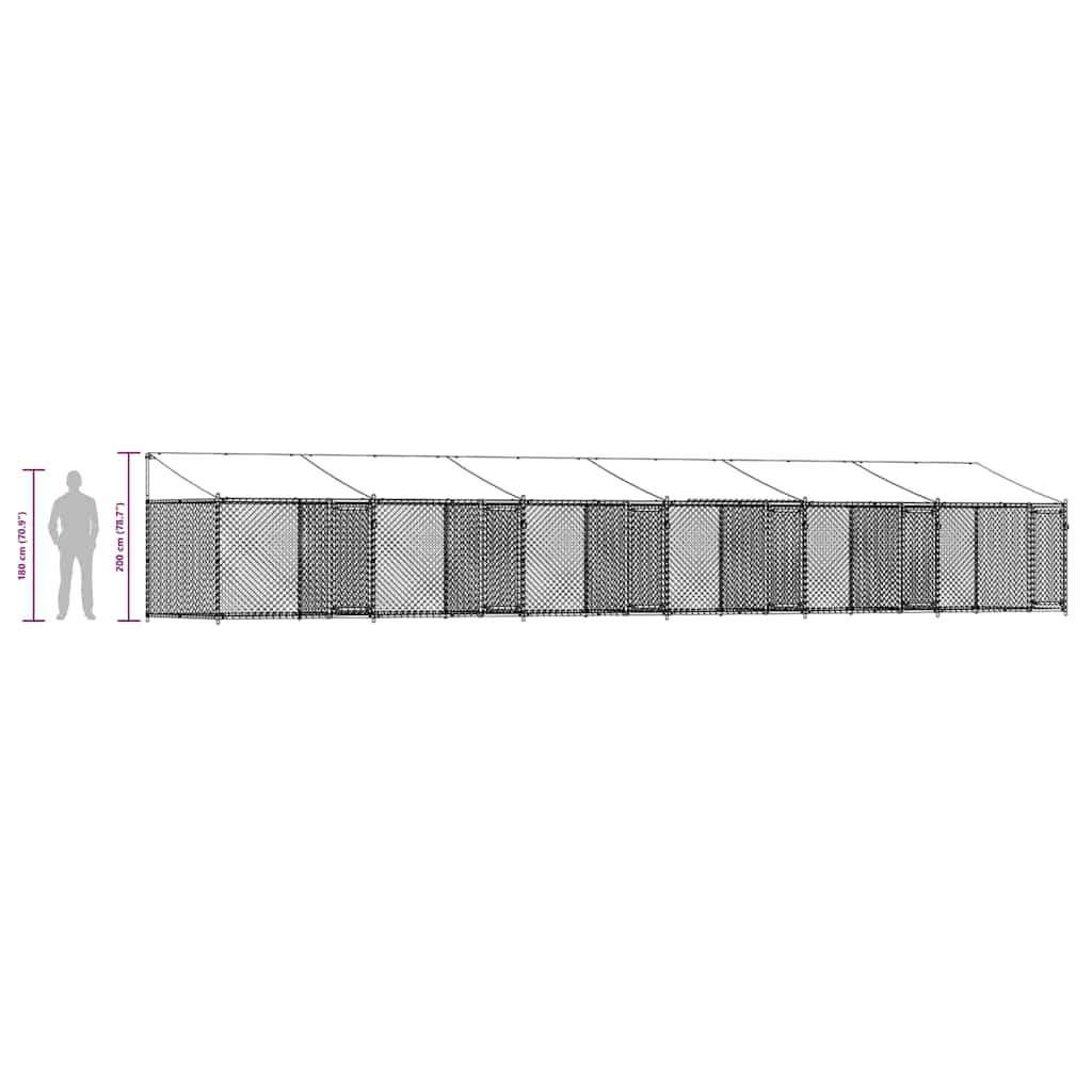 Klec pro psy se střechou a dvířky šedá 12x2x2m pozinkovaná ocel