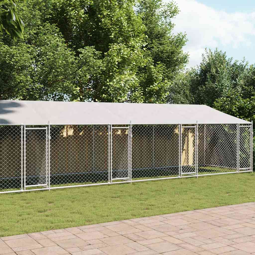 Klec pro psy se střechou a dvířky šedá 12x2x2m pozinkovaná ocel