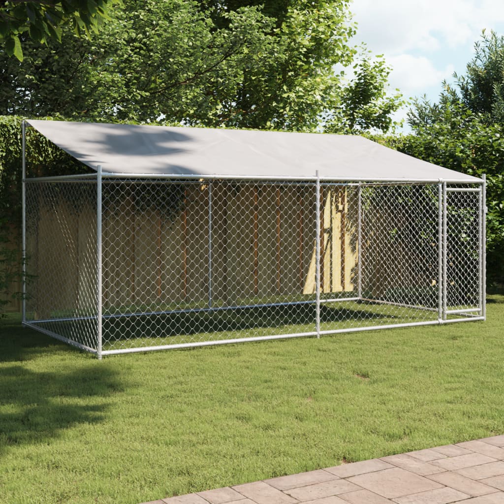 Klec pro psy se střechou a dvířky šedá 4x2x2 m pozinkovaná ocel