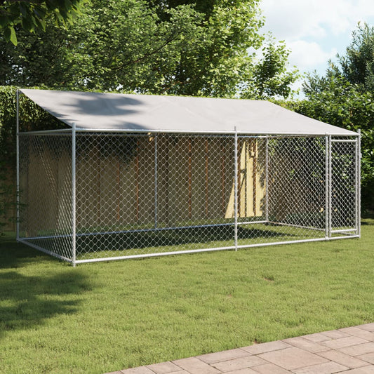 Klec pro psy se střechou a dvířky šedá 4x2x2 m pozinkovaná ocel