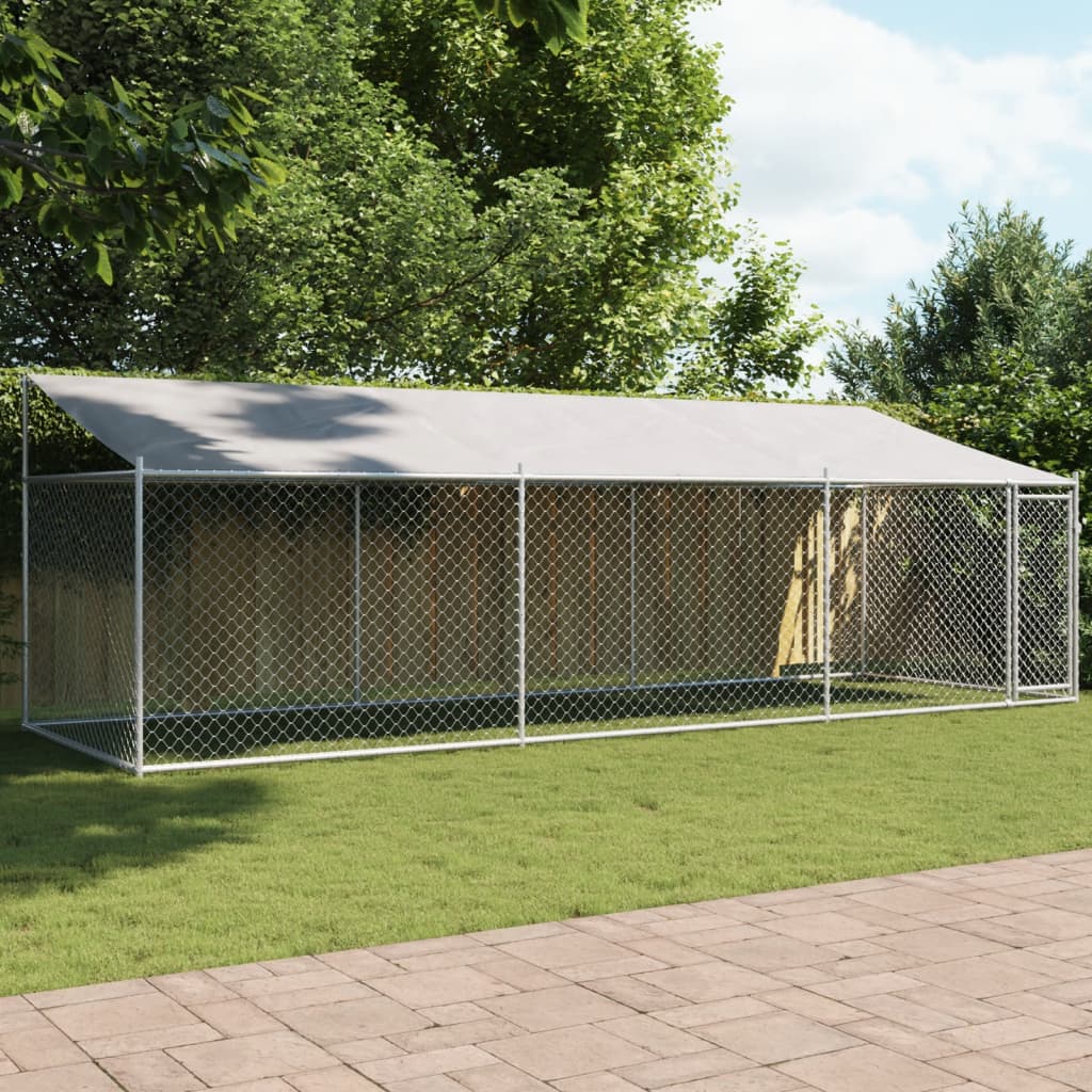 Klec pro psy se střechou a dvířky šedá 6x2x2 m pozinkovaná ocel