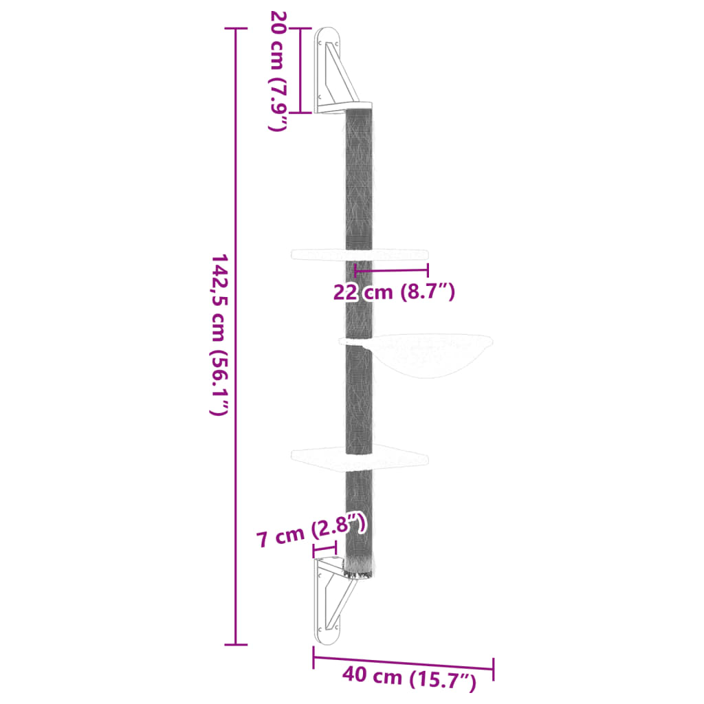 Nástěnné škrabadlo pro kočky se sloupkem tmavě šedé 142,5 cm