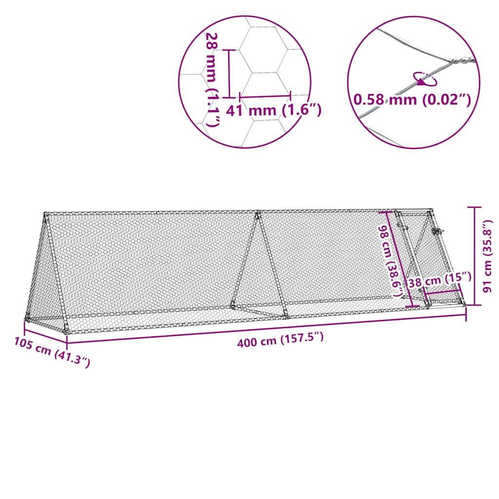 Klec pro kuřata stříbrná 400 x 105 x 91 cm pozinkovaná ocel