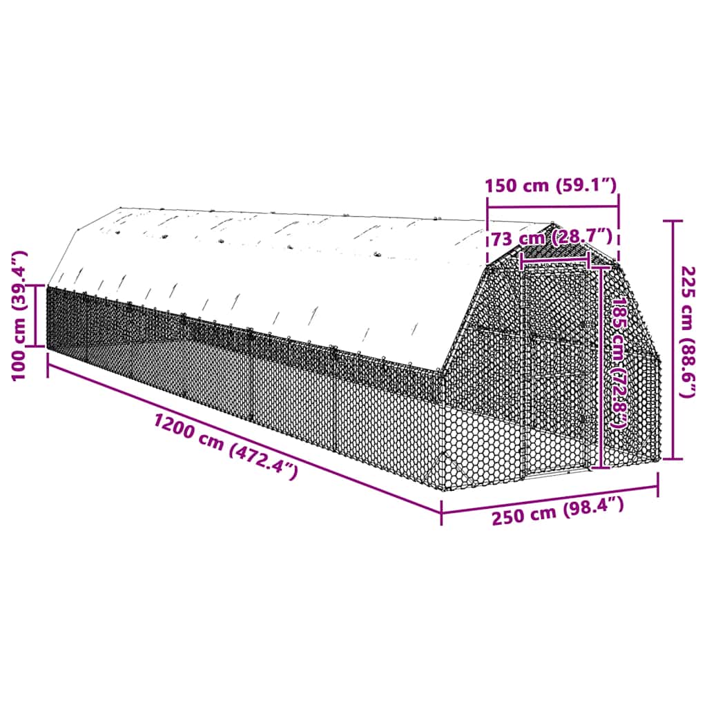 Výběh pro slepice se střechou 2,5x12x2,25 m pozinkovaná ocel