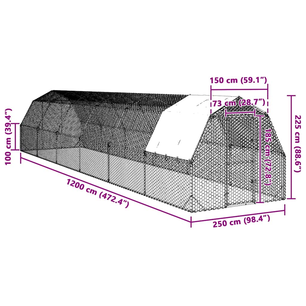 Výběh pro slepice se střechou 2,5x12x2,25 m pozinkovaná ocel