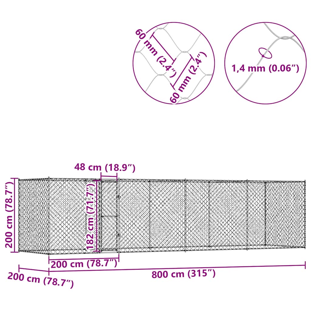 Klec pro psa Stříbrná 800 x 200 x 200 cm Pozinkovaná ocel