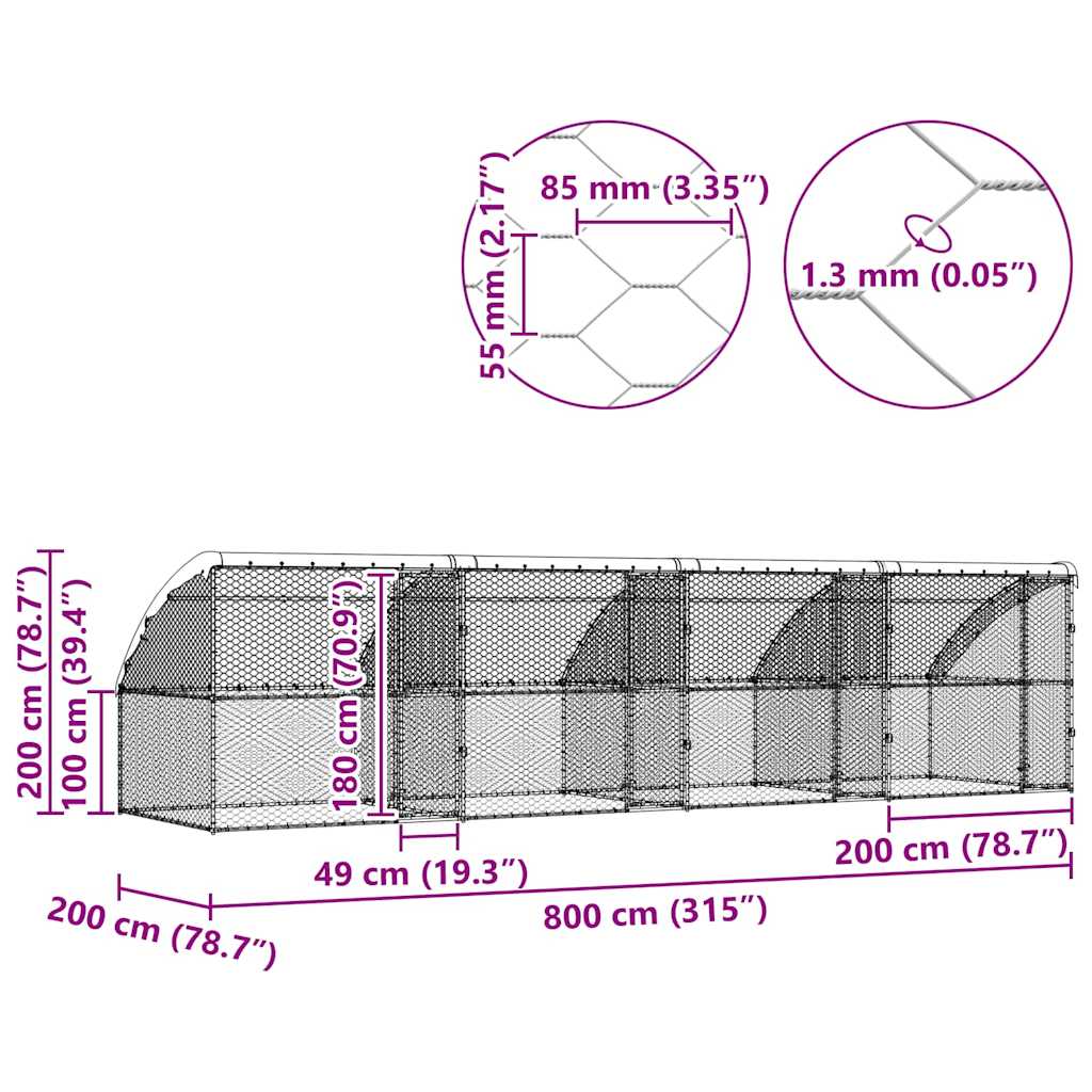 Psí kennel 4 pcs Stříbrná 8 x 2 x 2 m Pozinkovaná ocel