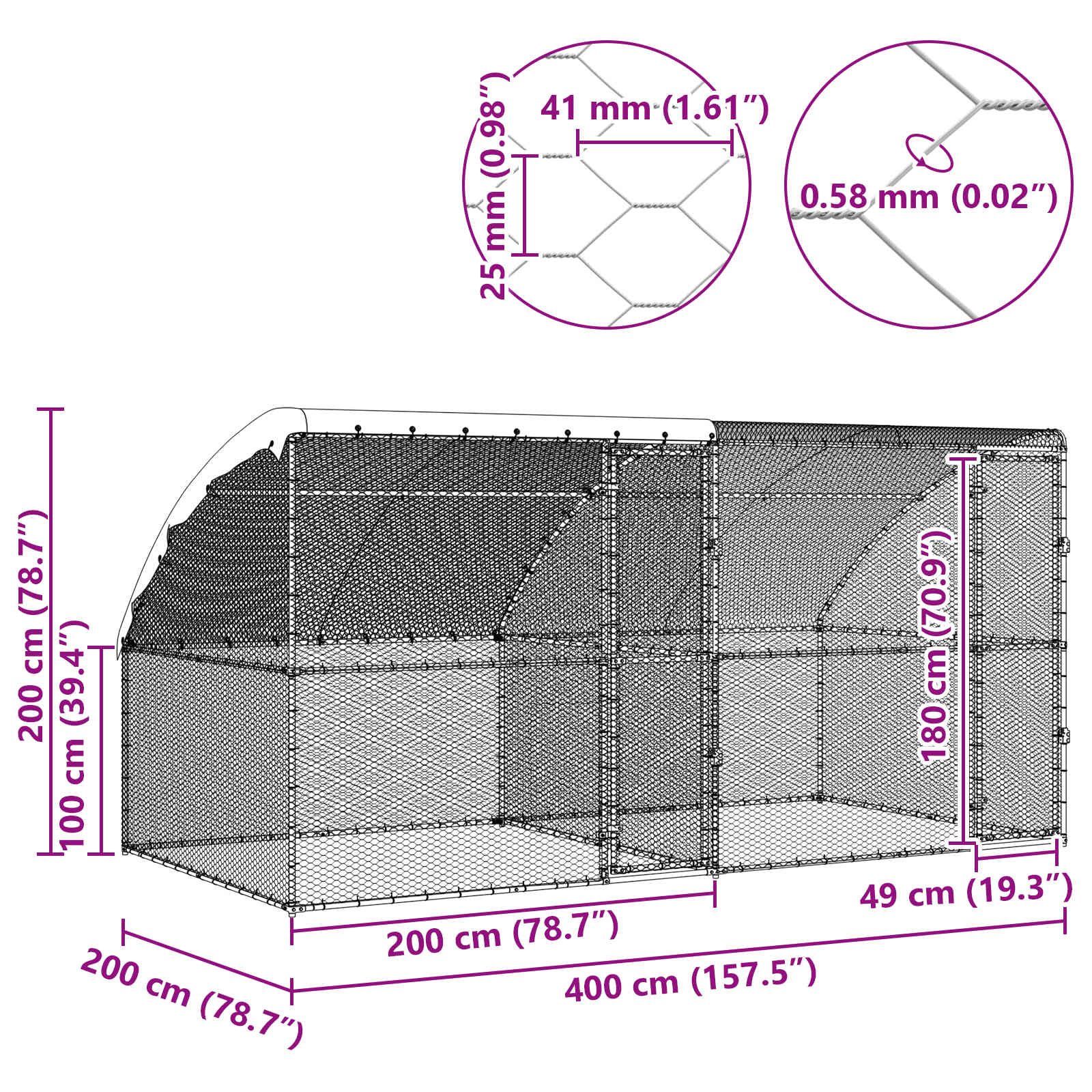 Klec na kuřata 2 pcs Stříbrná 400 x 200 x 200 cm Ocel a PE