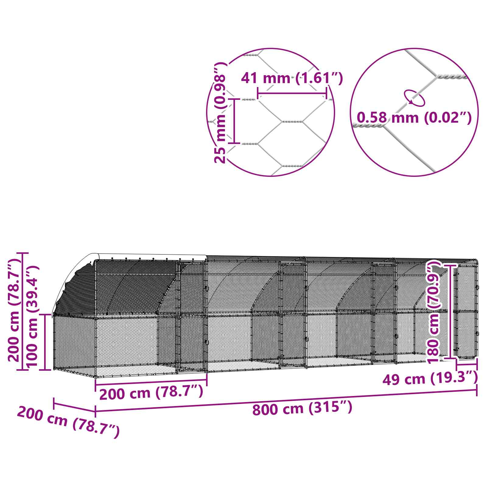 Klec na kuřata 4 pcs Stříbrná 800 x 200 x 200 cm Ocel a PE