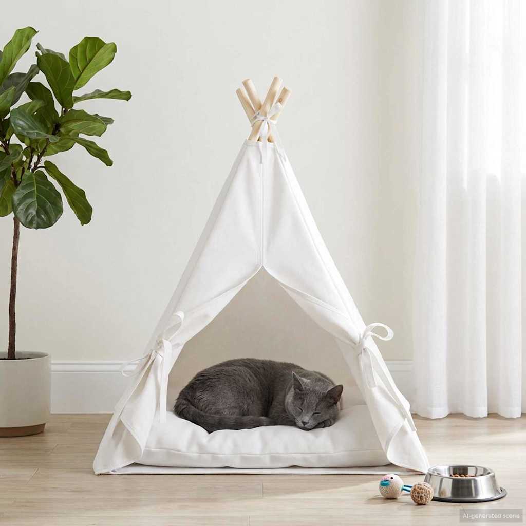 Pet teepee s polštářem Bílá 60 x 60 x 70 cm Polyester