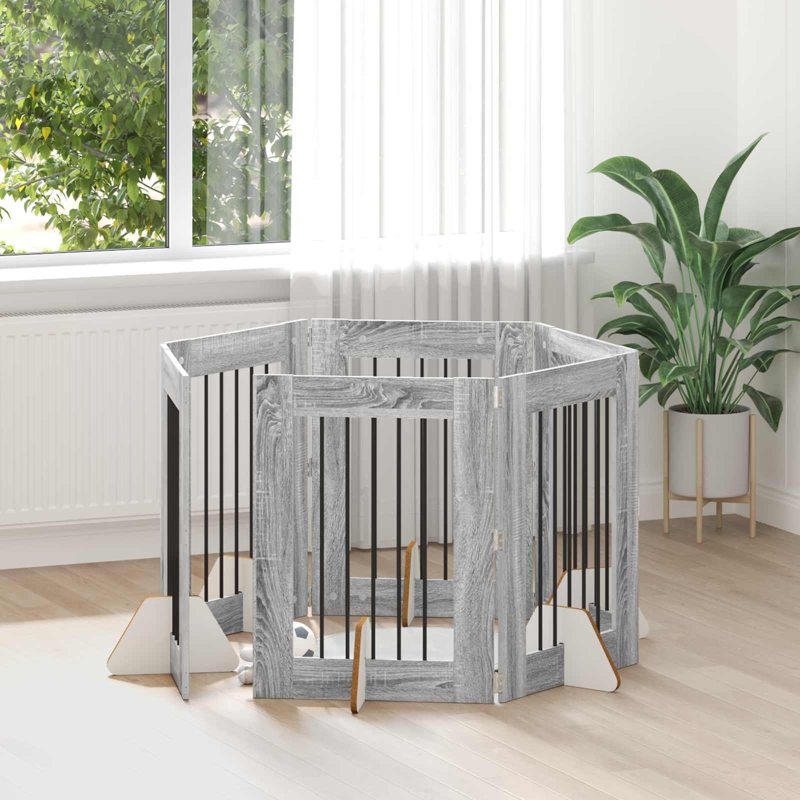 Skládací psí brána se stojany 6 pcs Šedá sonoma 362 cm
