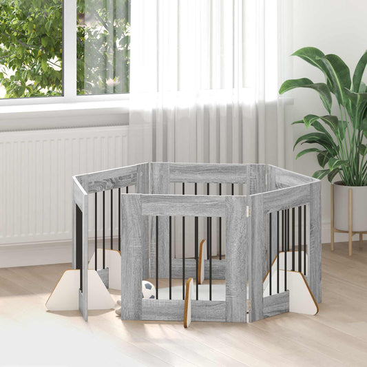 Skládací psí brána se stojany 6 pcs Šedá sonoma 362 cm