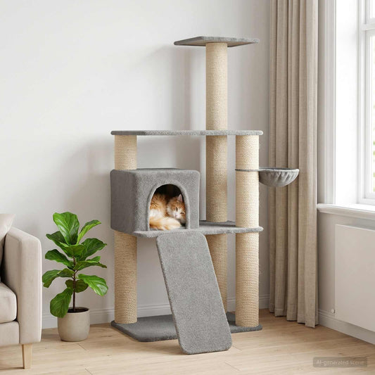 Kočičí strom se škrabacími sloupky 102 × 95 × 173 cm, světle šedý