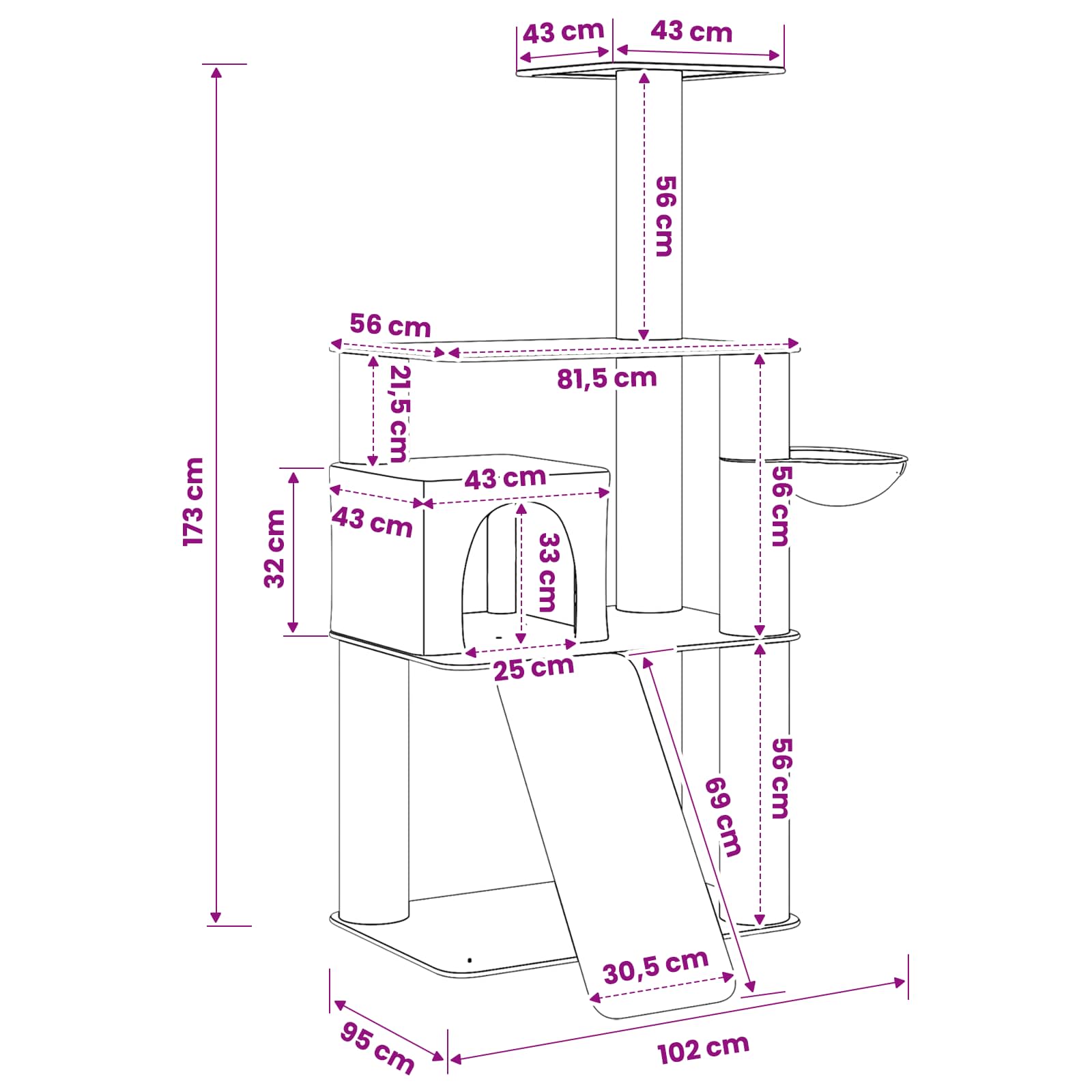 Kočičí strom se škrabacími sloupky sisal Světle šedá 173 cm