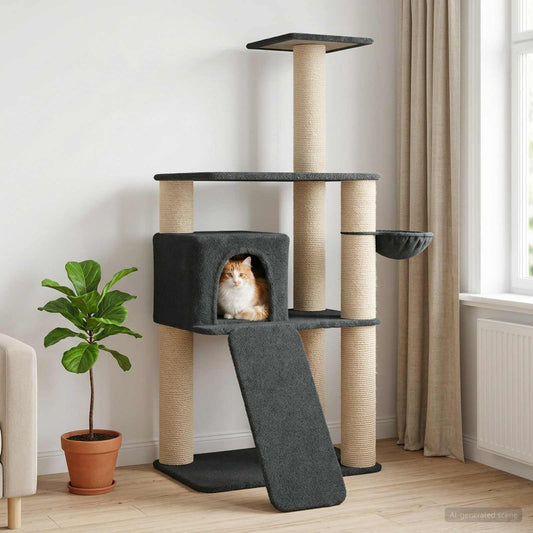 Kočičí strom se škrabacími sloupky 102 × 95 × 173 cm, tmavě šedý