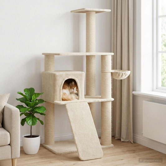 Kočičí strom se škrabacími sloupky 102 × 95 × 173 cm, krémový