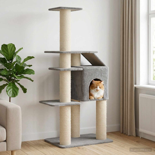Kočičí strom se škrabacími sloupky 110 × 84 × 183 cm, světle šedý